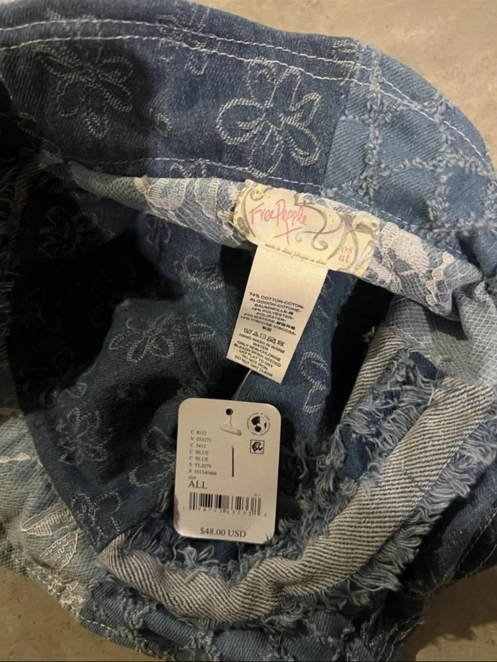 Free People Women’s Bucket Hat Blue Denim Floral Fringe One Size Casual Travel